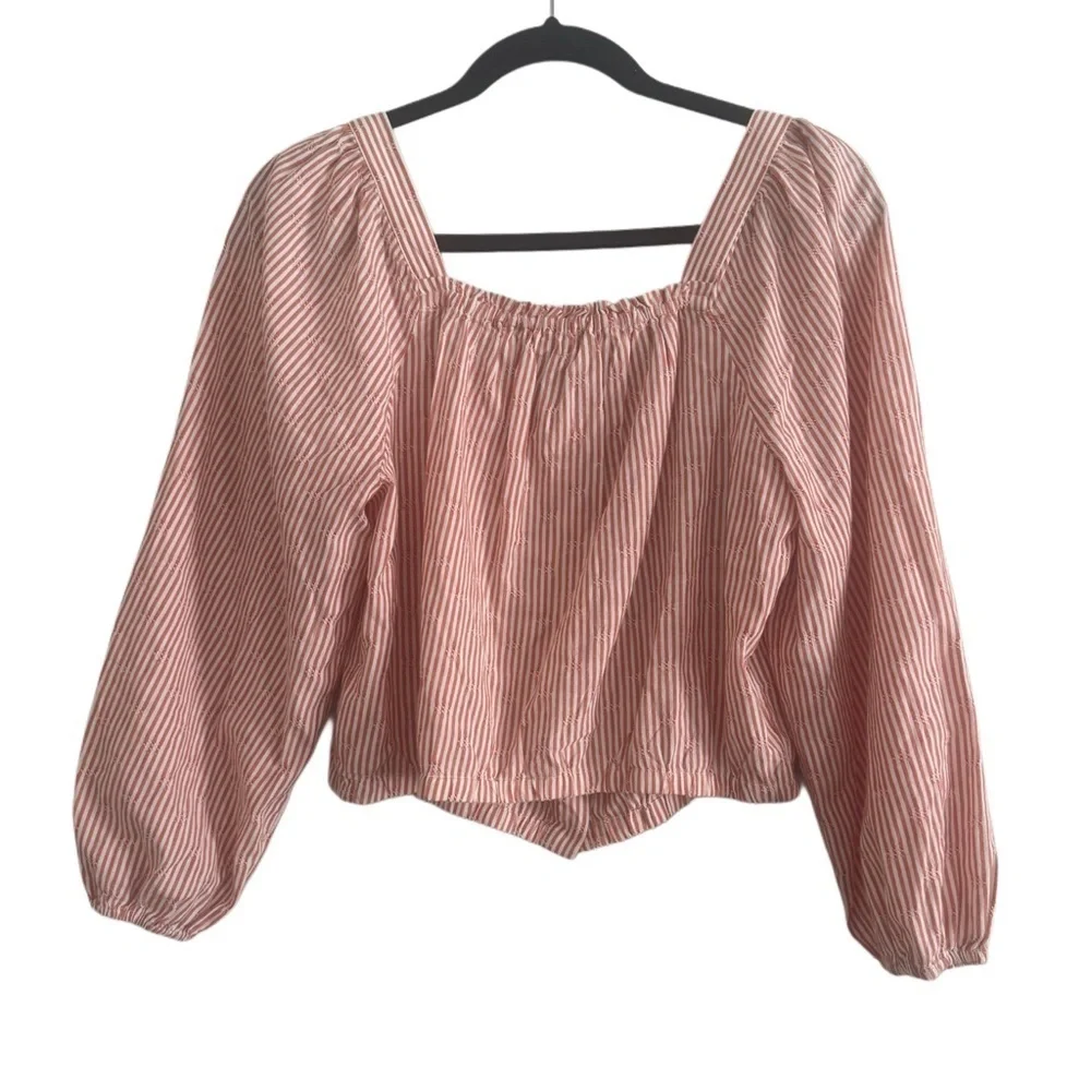 Madewell Puff Sleeve Button Front Cropped Embroidered Stripe Size Medium